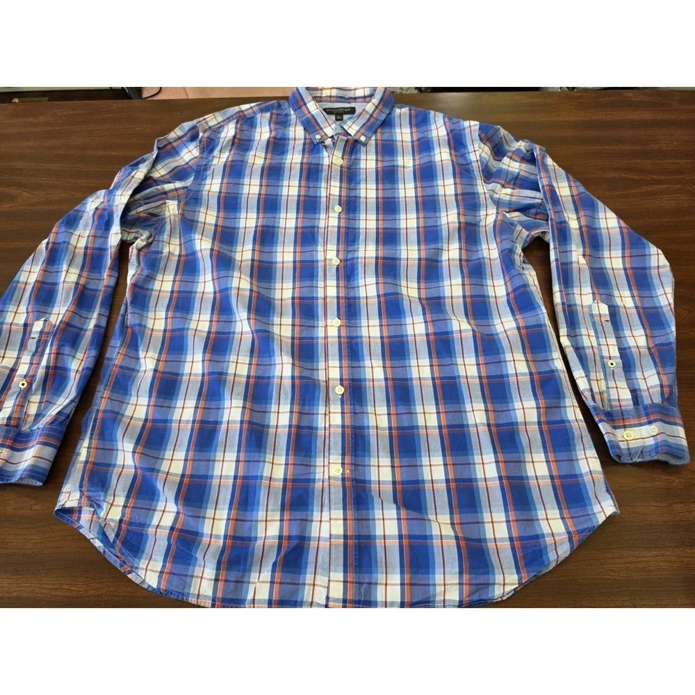 Banana Republic Soft Wash Plaid Shirt Mens XL Blue Orange Button Front Cotton